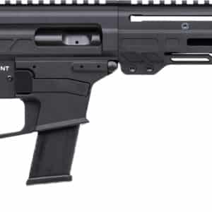 Black semi-automatic firearm with modern design.