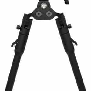 Black bipod with adjustable legs on white background.