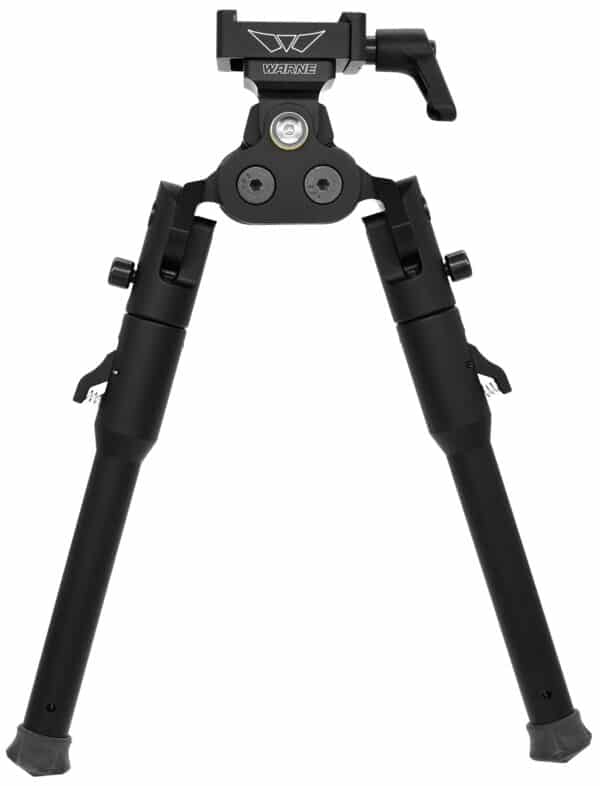Black bipod with adjustable legs on white background.