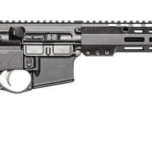 AR-15 style rifle, side view, white background.