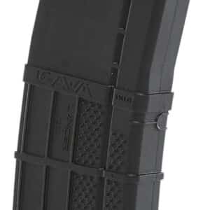 Black rifle magazine with visible cartridge.