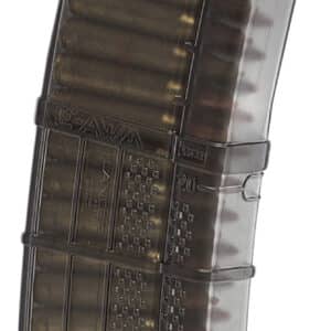 Rifle magazine with visible ammunition inside.
