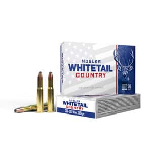Nosler Whitetail Country rifle cartridges with deer image.