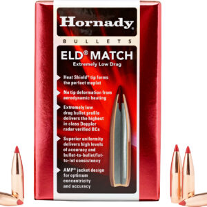 Hornady ELD Match bullet box with bullets displayed.