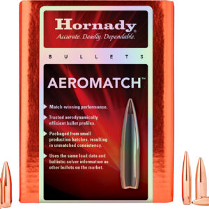 Hornady Aeromatch bullet packaging with bullets displayed.