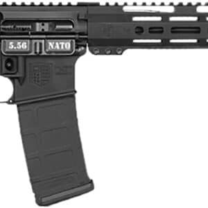 Black assault rifle with ergonomic grip, side view.