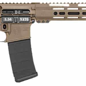 Tactical rifle with brown finish and black grip.