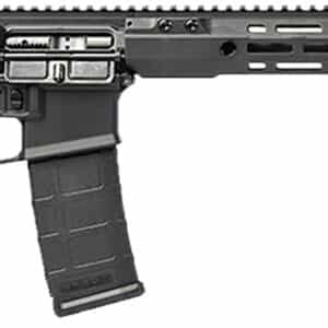 Black semi-automatic rifle on white background.