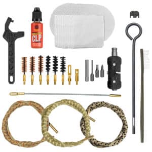 Gun cleaning kit with various tools and brushes.