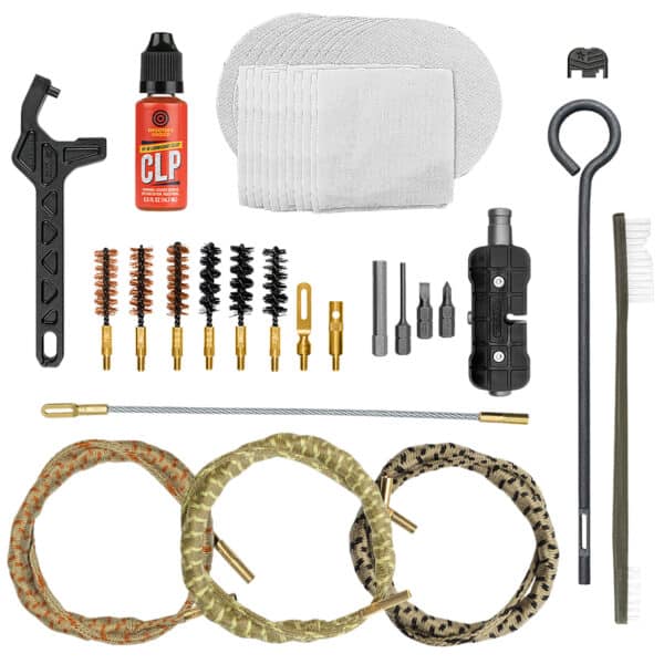 Gun cleaning kit with various tools and brushes.
