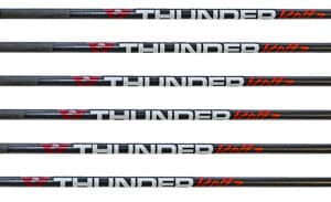 Six Thunder Tiger carbon arrows with orange fletching