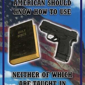 Bible and gun with American flag background.