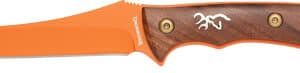 Orange hunting knife with wooden handle