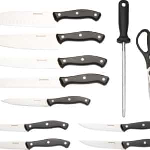 Knife set with sharpener and kitchen scissors.