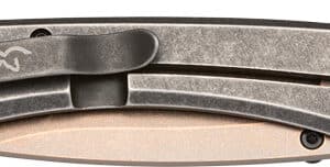 Closed pocket knife with clip and rugged finish.