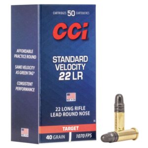 CCI .22 LR ammunition box and bullets.