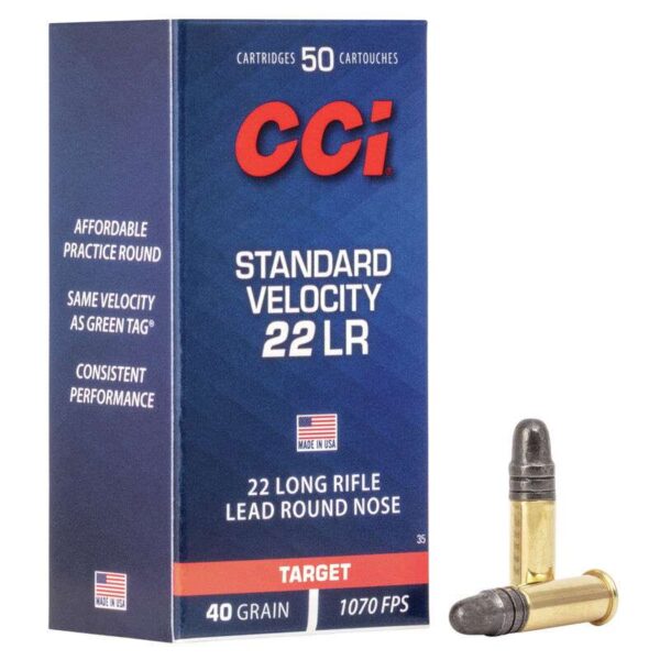 CCI .22 LR ammunition box and bullets.