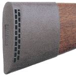 Brown rubber rifle recoil pad for reduced kickback.