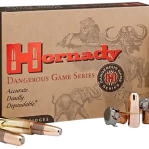 Hornady Dangerous Game Series ammunition box and bullets.