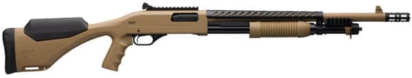 Tan pump-action shotgun with tactical rail.