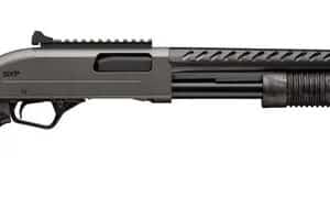 Tactical pump-action shotgun, black and gray design.