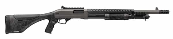 Tactical pump-action shotgun, black and gray design.