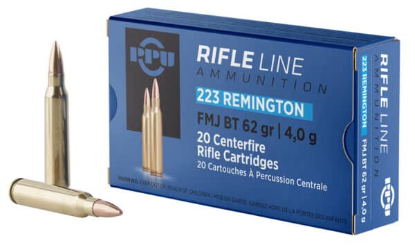 223 Remington rifle ammunition box and bullets