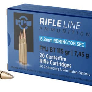 6.8mm Remington SPC ammunition package and cartridge