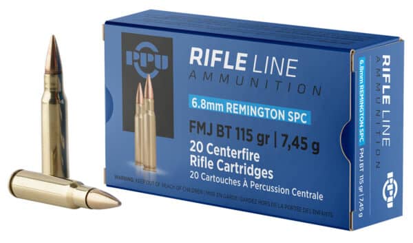 6.8mm Remington SPC ammunition package and cartridge