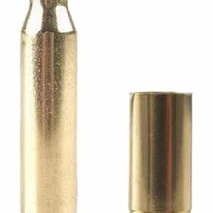 Two bullet casings, rifle and handgun, side by side.