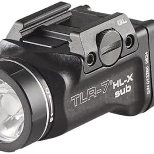Black tactical flashlight with mount for firearms.