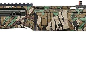 Camouflage hunting rifle with green and brown pattern.