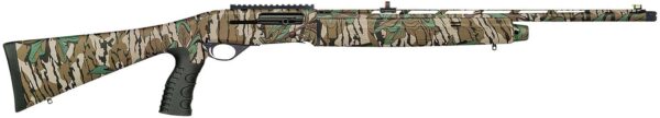 Camouflage hunting rifle with green and brown pattern.