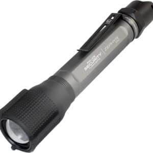 Black tactical flashlight with clip attachment