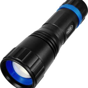 Black and blue flashlight on white background