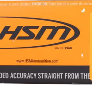HSM ammunition box, orange and black packaging.