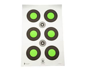 Paper target with green and black circular designs.