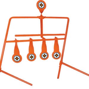 Orange steel spinning target for shooting practice.