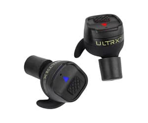Black ULTRX wireless earbuds with colored indicators