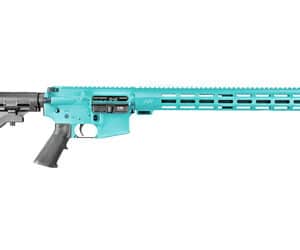 Turquoise AR-style rifle with tactical stock.