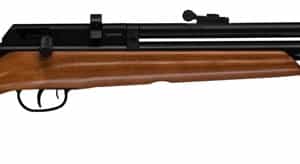 Side view of a rifle with wood stock.