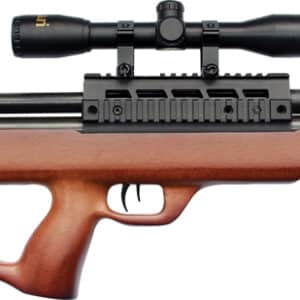 Wooden bullpup air rifle with scope mounted.
