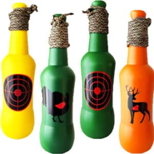 Colorful bottles with animal targets for shooting practice.