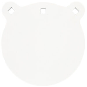 Round, white plastic tag with three holes