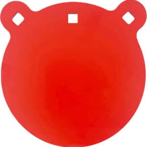 Red circular metal target with holes.