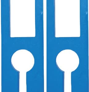Blue plastic door handle protectors, keyhole shape.
