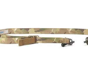 Camouflage durable tactical rifle sling with hook attachment.