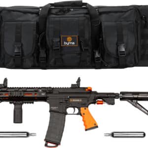 Black tactical gear with air gun and cartridges.