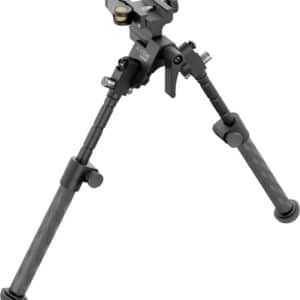 Adjustable bipod with carbon fiber legs for stability.