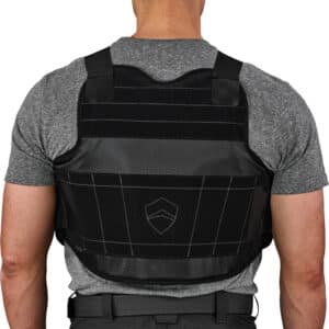 Man wearing a bulletproof vest from behind